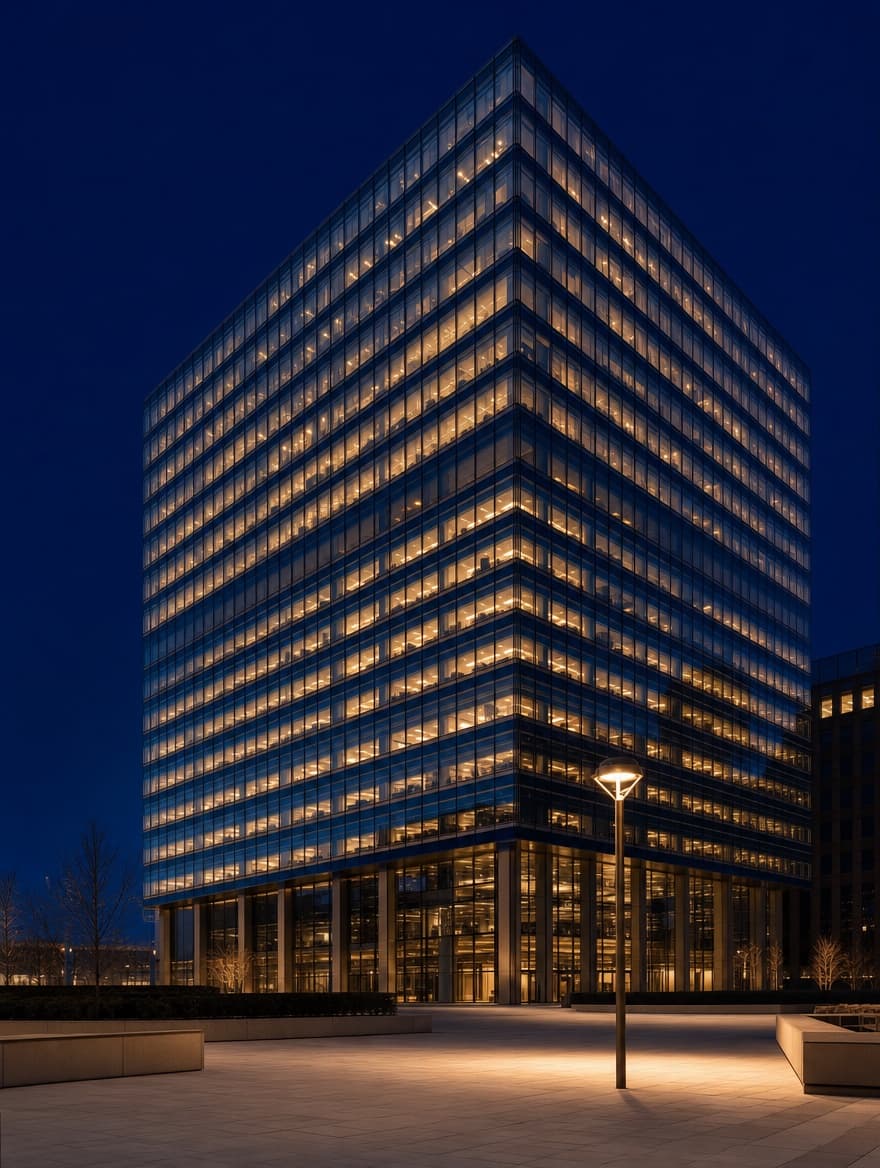Tour corporative de verre aux lumières intérieures dorées — secteur commercial